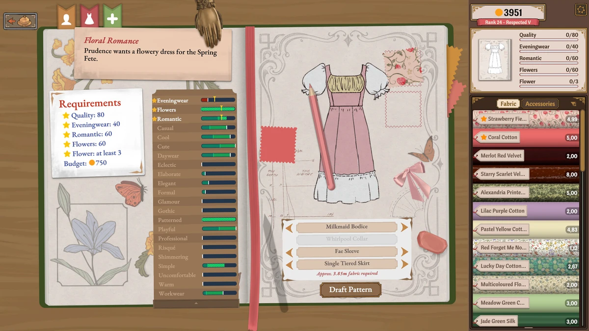 Dressmaker completion plan: projects, budget and dialogue spoilers