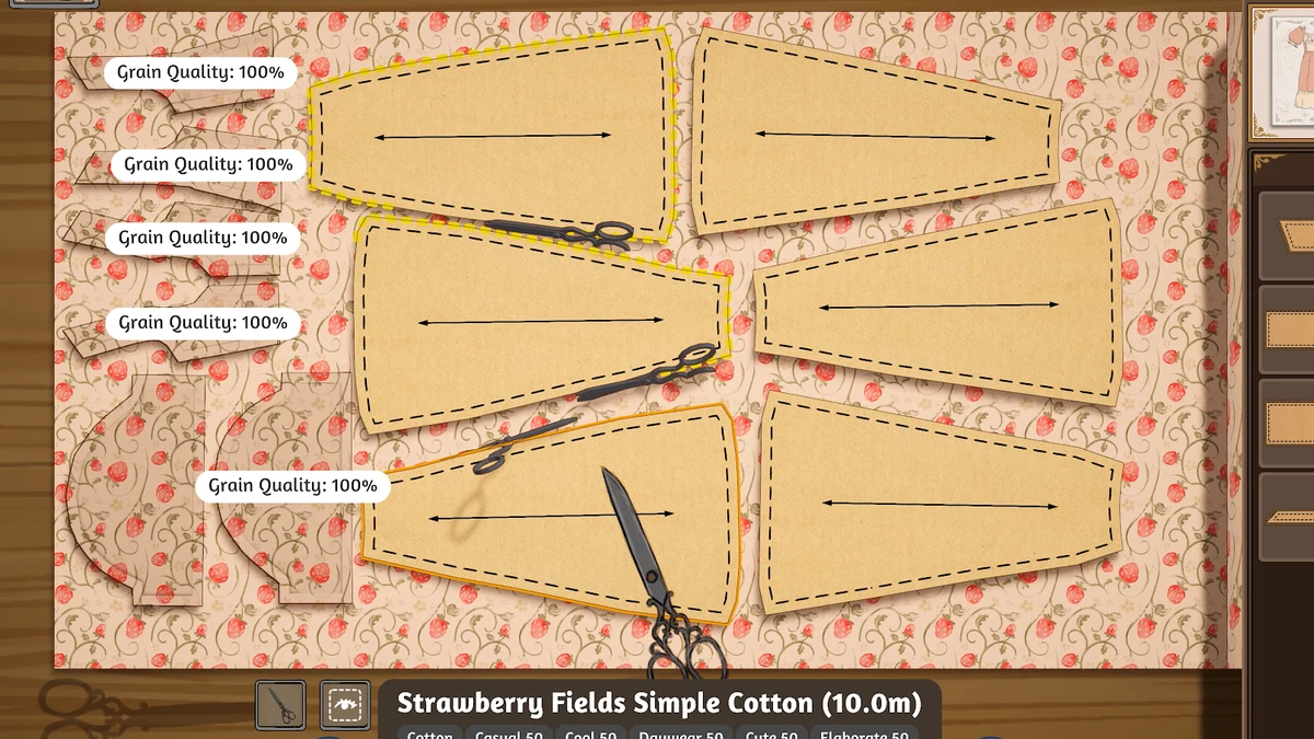 Several paper panels lie over strawberry-print fabric. Direction arrows and individual grain indicators make this a cutting-stage reference.