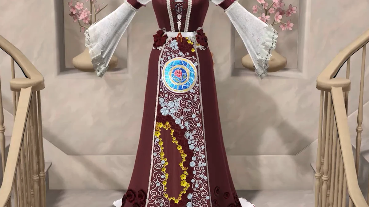 A burgundy gown contrasts white sleeves, pale edging and bright bodice ornament. The central ornament is a visual focus, not a confirmed scoring bonus.