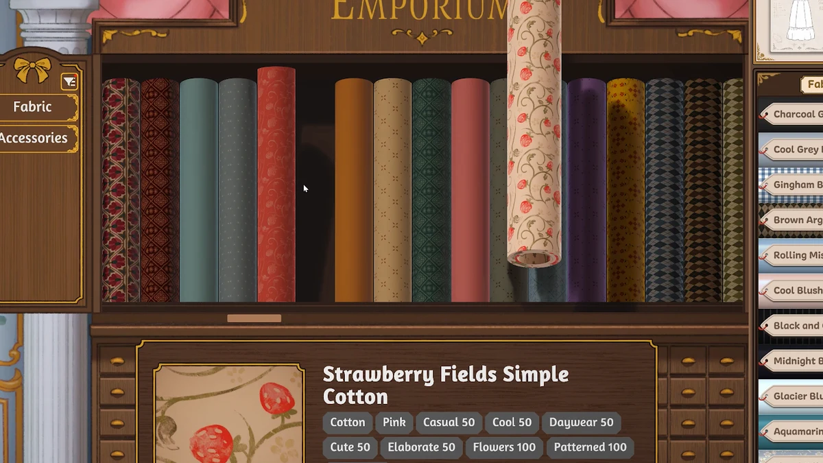 The fabric shop displays bolts and a Strawberry Fields Simple Cotton sample. The swatch, item name and tags are more informative than colour alone.