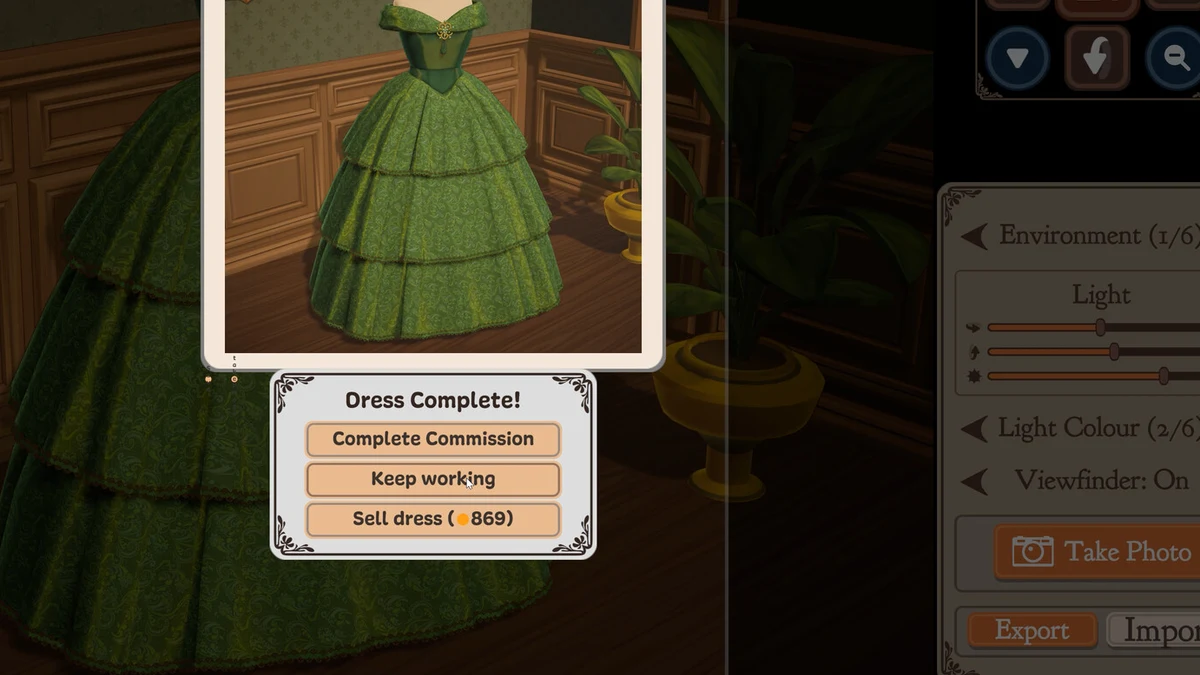 A green dress appears in Photo Preview above completion and sale choices. The visible 869 sale value belongs only to this promotional example.